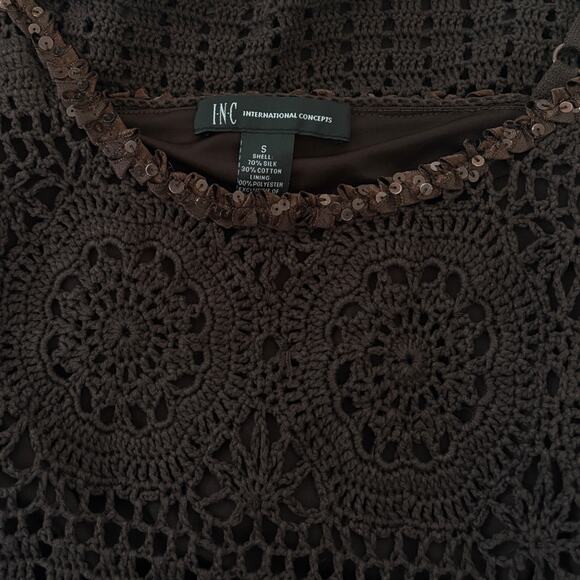 Y2K Crochet Tank Top Brown Silk Blend Sequin Boho Festival Earthy Fairycore - Picture 8 of 8